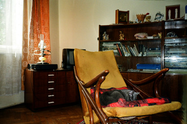 A grainy old photo of a living room with a tv and a yellow rocking chair, where a black cat is curled up.